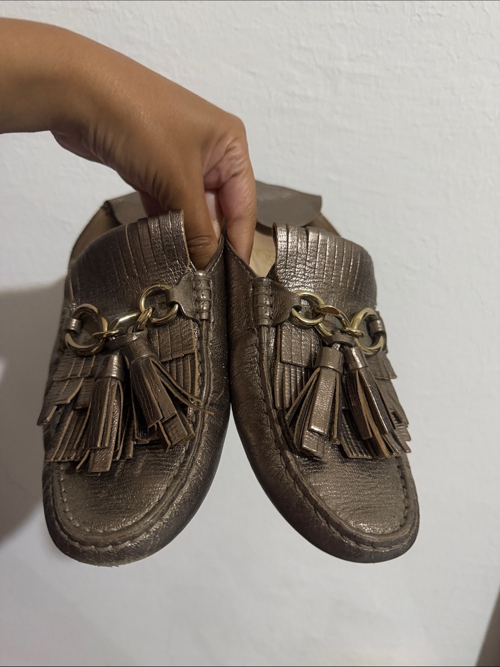 Tod's Metallic Brown Tassel Loafers with Gold Chain